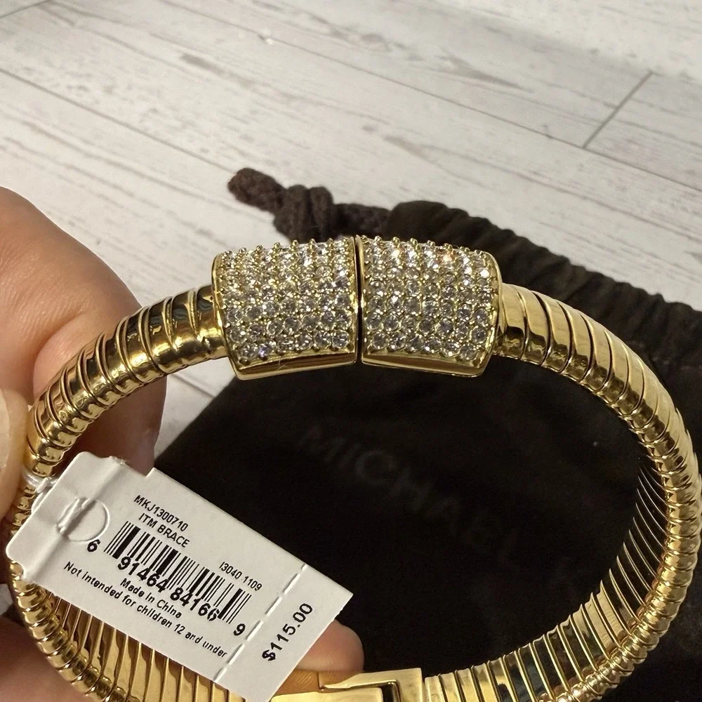 Michael Kors MK Gold Tone Pavé Crystal Hinged Bangle Bracelet Designer Bling Bag
